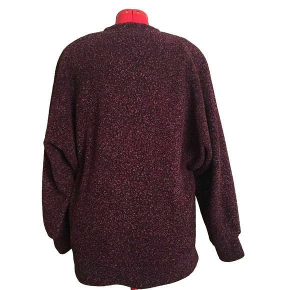 Burgundy Chunky Woven Jacket Women XL One Button 2 Large Pockets Shoulder Pads - Picture 2 of 9